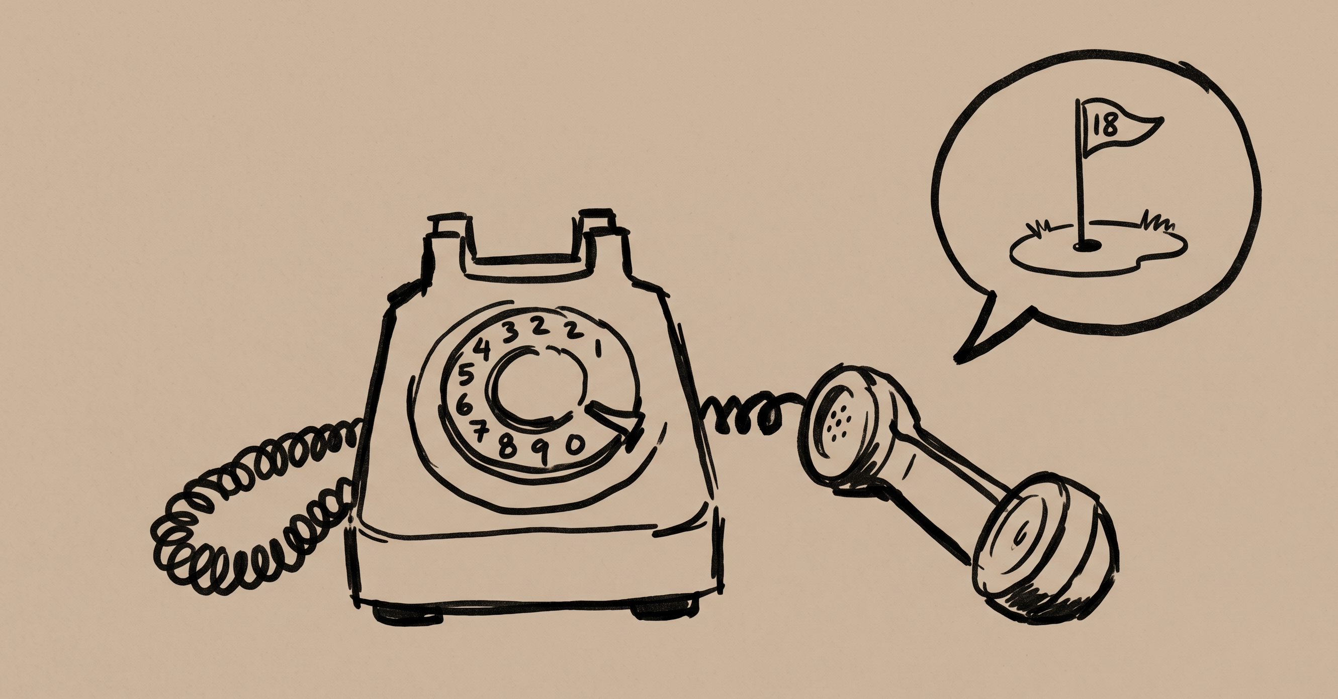 Hand-drawn illustration of a ringing phone at a golf pro shop counter.