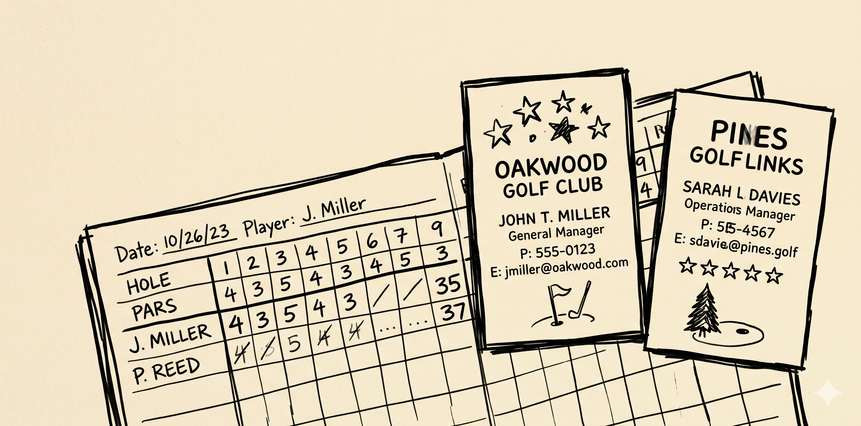Two golf course review cards side-by-side — one at 4.3 stars with unanswered reviews, one at 4.5 with every reply filled in.