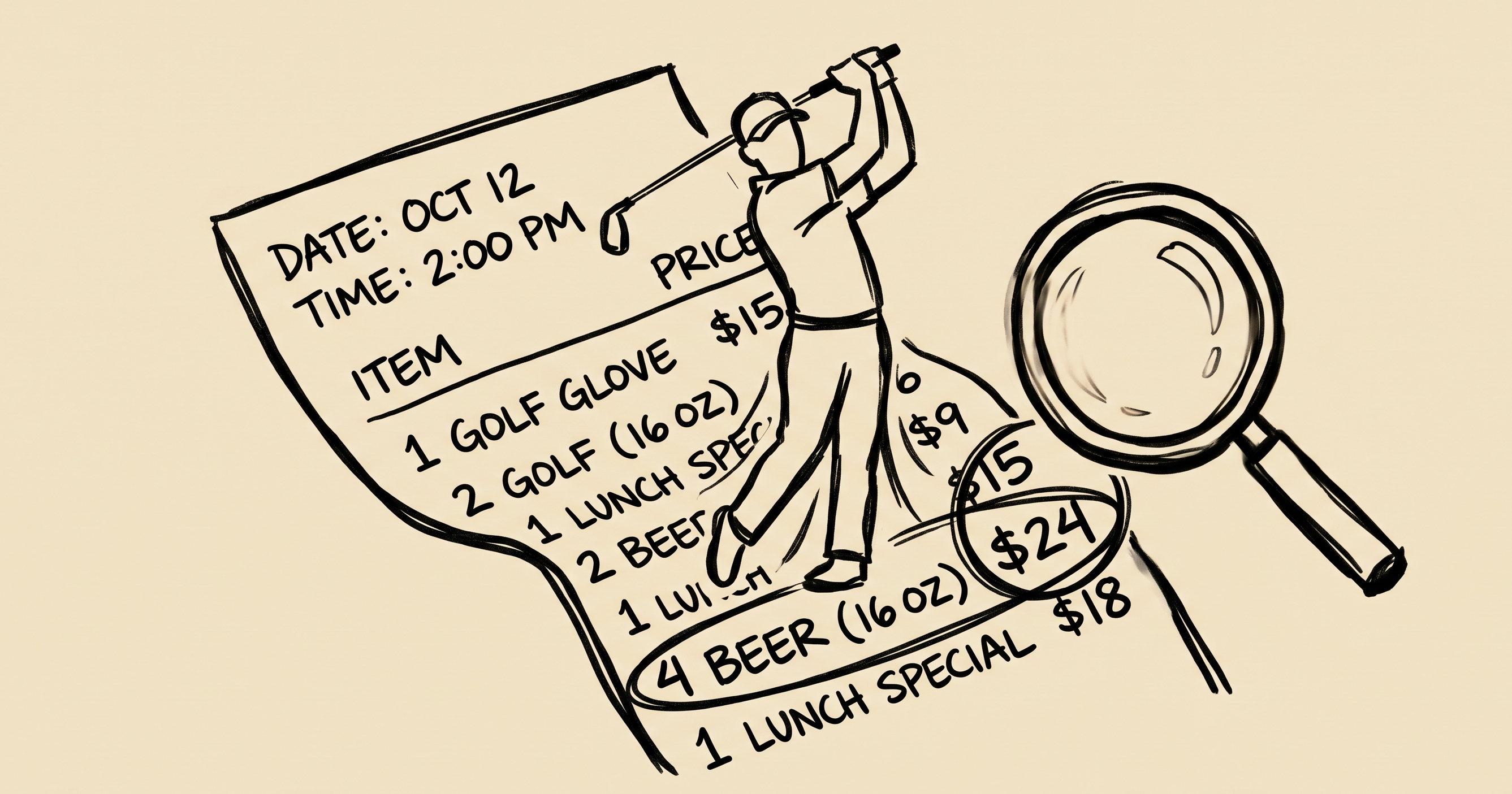 A golf course pro shop counter with a POS terminal and tee sheet printout side by side, showing disconnected data.